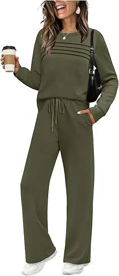 Dark Grey Pleated Detail Top & Drawstring Wide Leg Pants Two Piece Loungewear Set