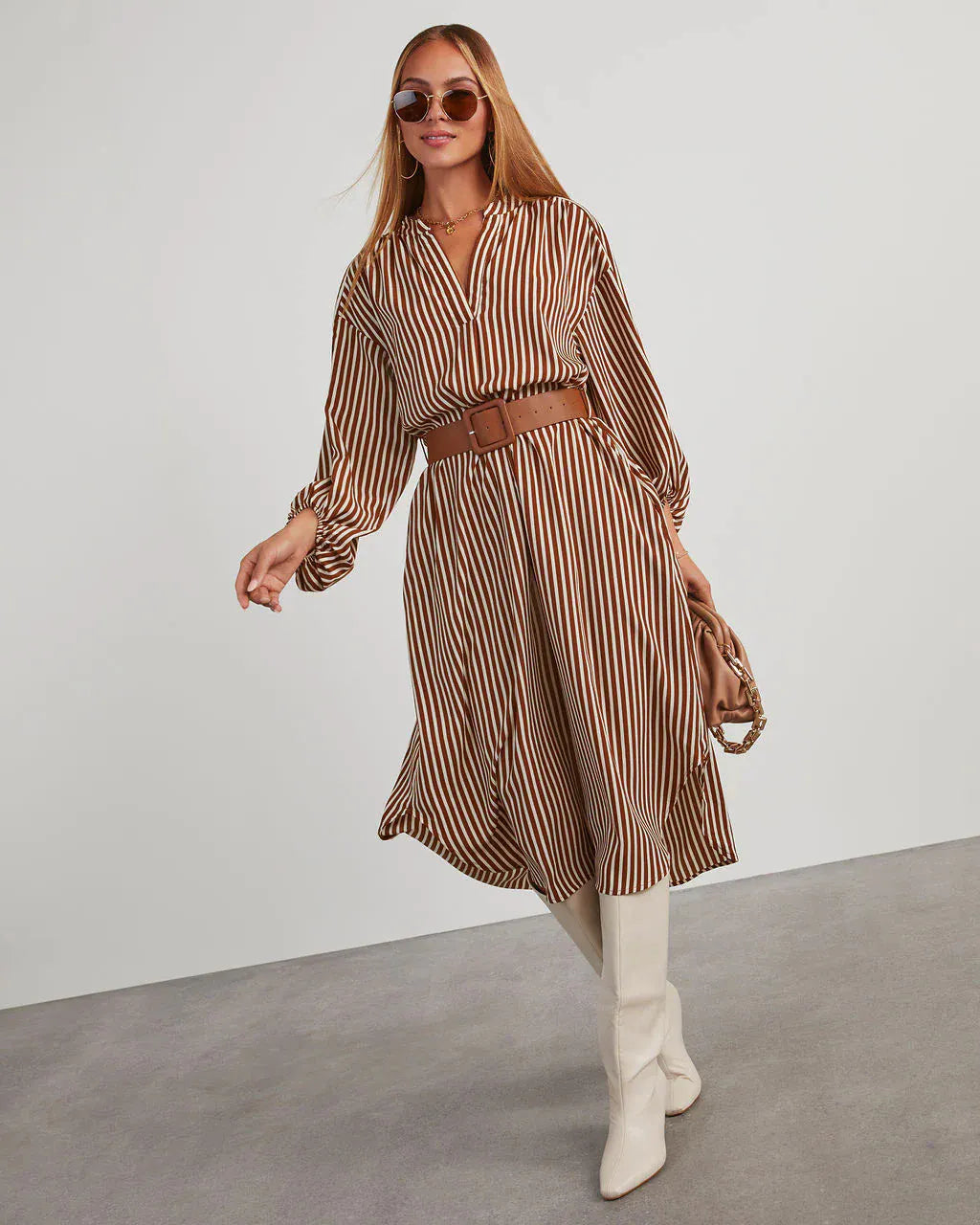 Stripe Balloon Sleeve Midi Shirt Dress With Belt