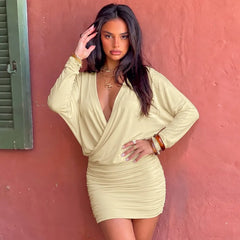 Solid Deep V Wrap Long Sleeve Mid Waist Ruched Mini Bodycon Dress