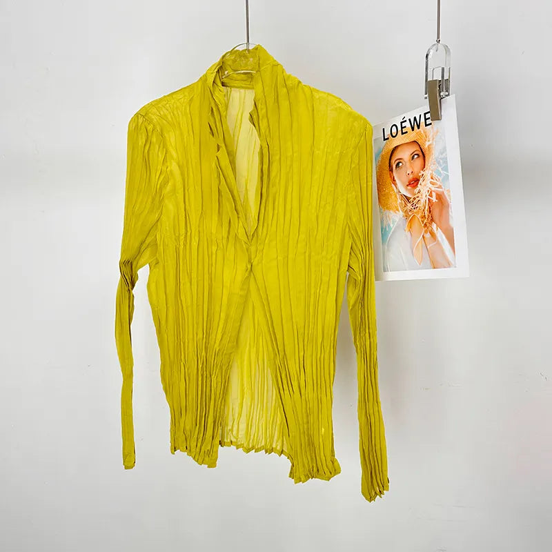 Semi Open Collar One Button Crinkled Pleated Loose Long Sleeve Shirt