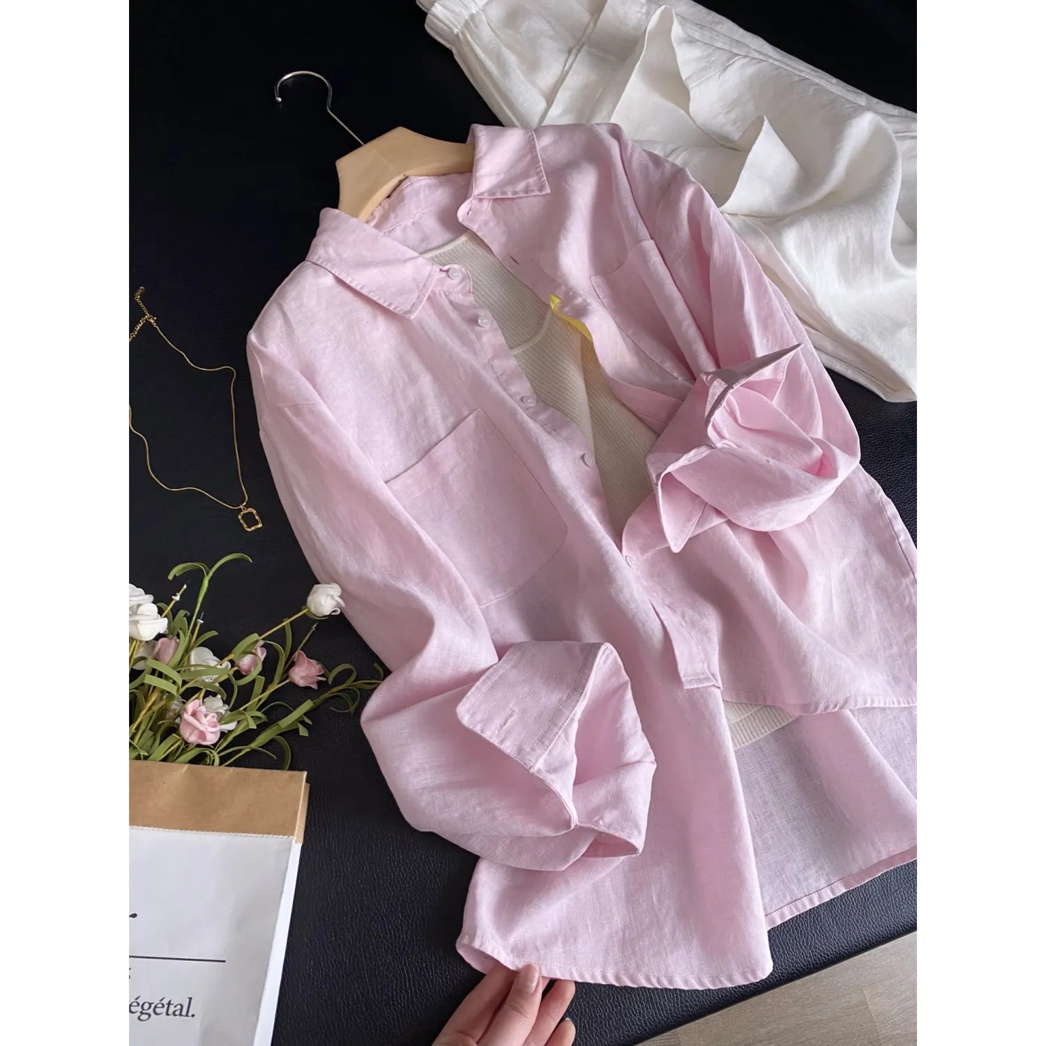 Solid Linen Oversized Collar Long Sleeve Pocket Shirt