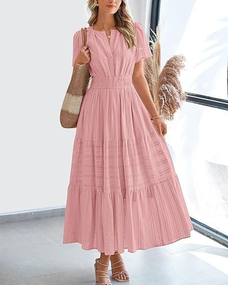 V-Neck Smocked Waist Tiered Maxi Dress
