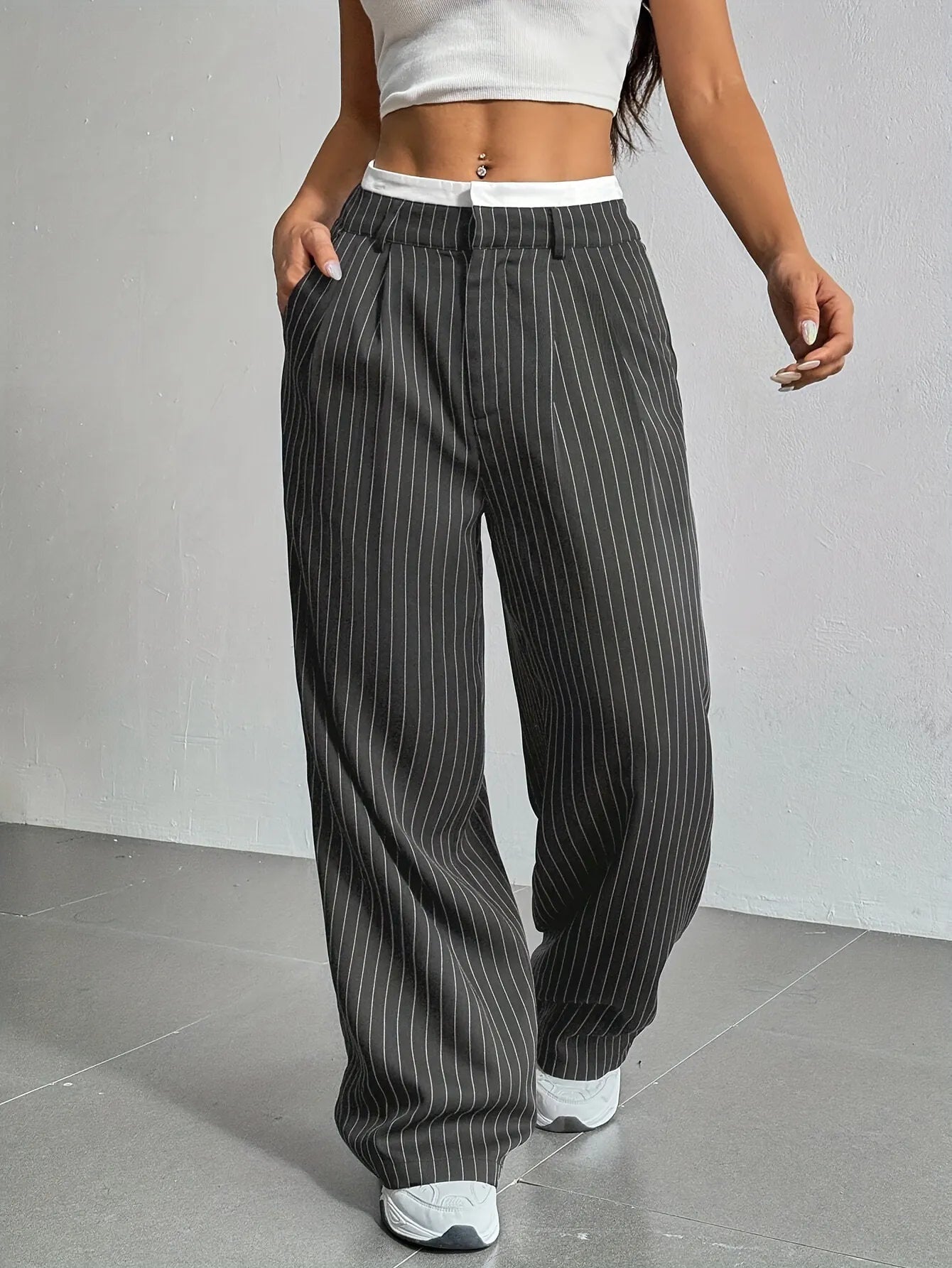 High Waist Striped Loose Wide Leg Suit Pants