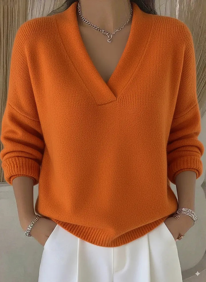 V Neck Solid Color Knit Pullover Sweater