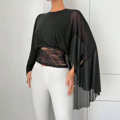 Black Chiffon Cape Sleeve Top | Lace Waist Cutout Cropped Blouse