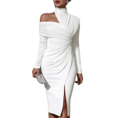 One Shoulder High Neck Ruched Bodycon Midi Dress