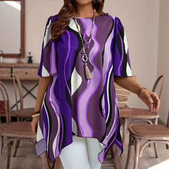 Round Neck Mid-Sleeve Abstract Wave Print Irregular Hanky Hem Loose Plus Size Tunic Top