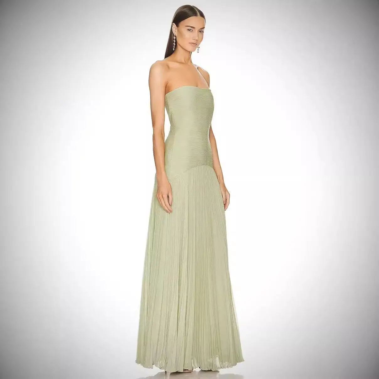 Strapless Solid Color Pleated Slim Fit Maxi Dress