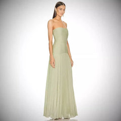 Strapless Solid Color Pleated Slim Fit Maxi Dress