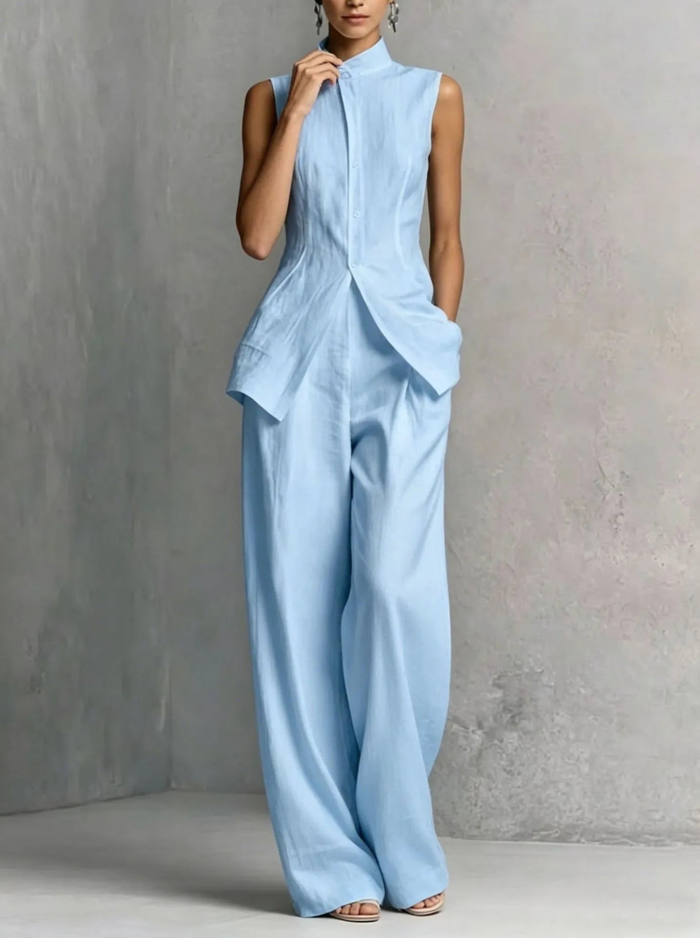 Stand Collar Sleeveless Linen Top & Wide Leg Pants 2 Piece Matching Set