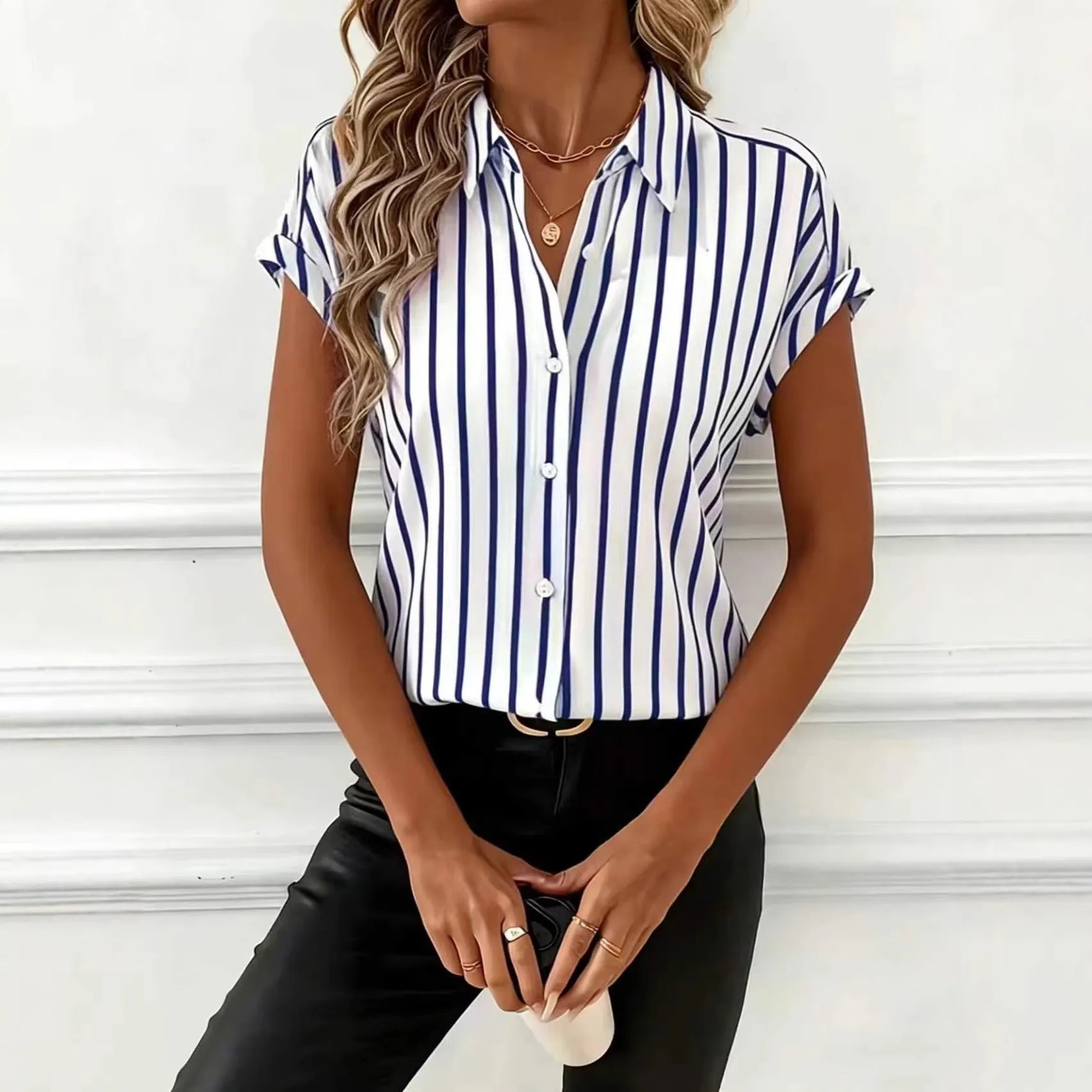 Vertical Stripe Cuffed Short Sleeve Shirt