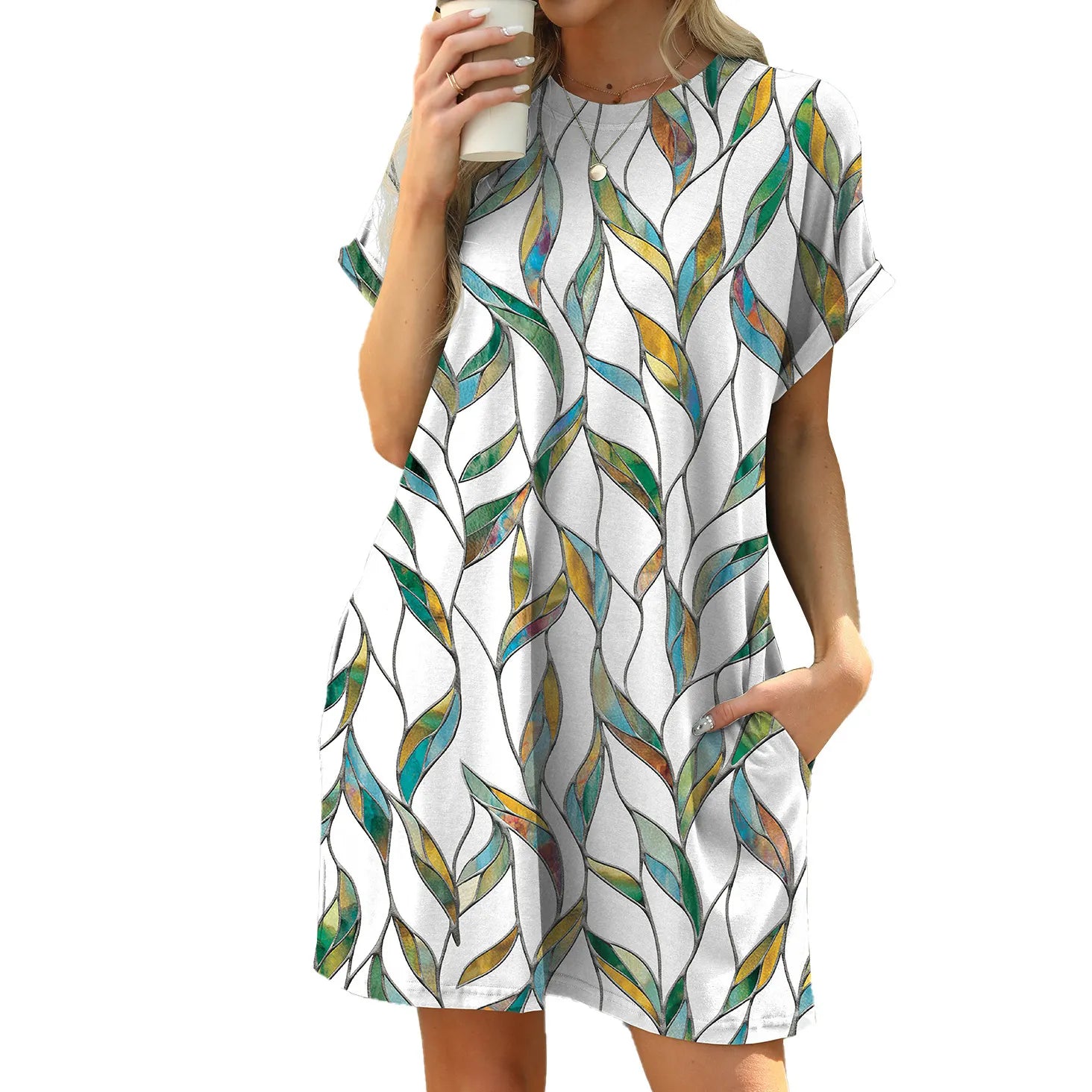 Round Neck Floral Print Loose A-Line Mini Dress With Side Pockets Casual Campus Daily Commuter Dress
