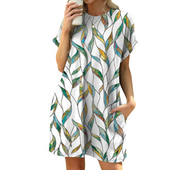 Round Neck Floral Print Loose A-Line Mini Dress With Side Pockets Casual Campus Daily Commuter Dress