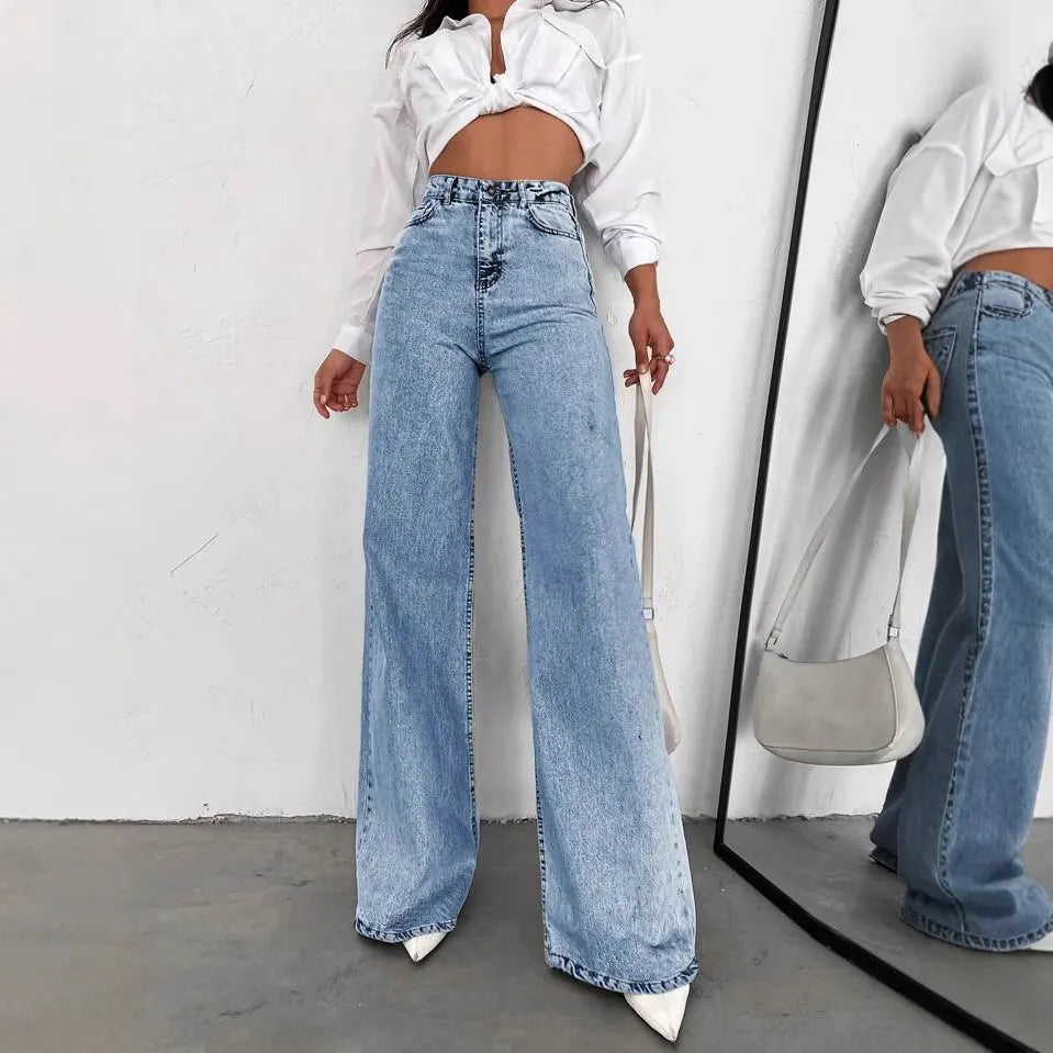 Acid Wash High Waist Wide Leg Denim Jeans