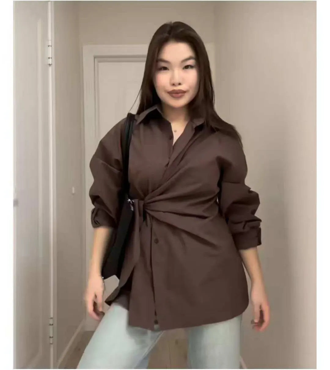 Waist Tie Wrap Slimming Button Down Shirt