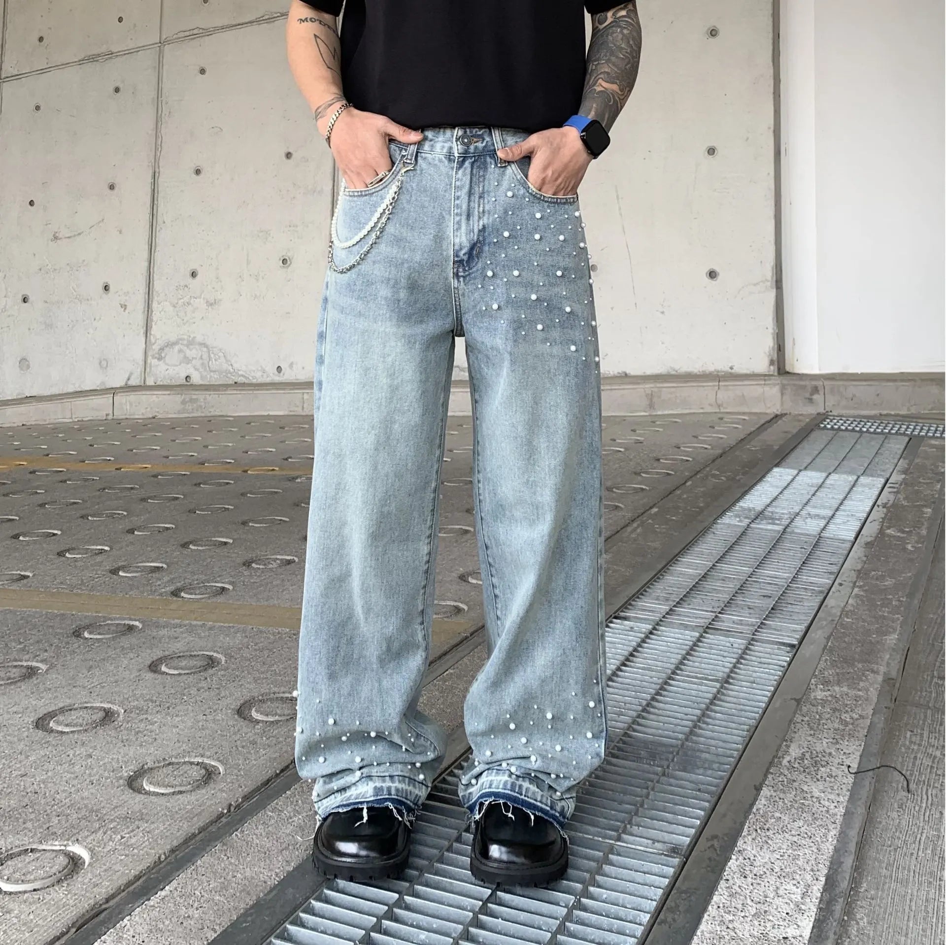 Men Mid‑Waist Pearl Decor Straight Leg Jeans
