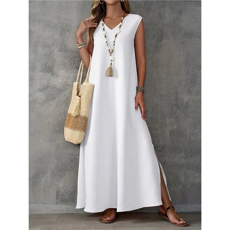 Solid V Neck Sleeveless Side Split Loose Maxi Dress