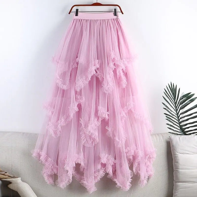 Asymmetrical Ruffle Tulle Maxi Skirt