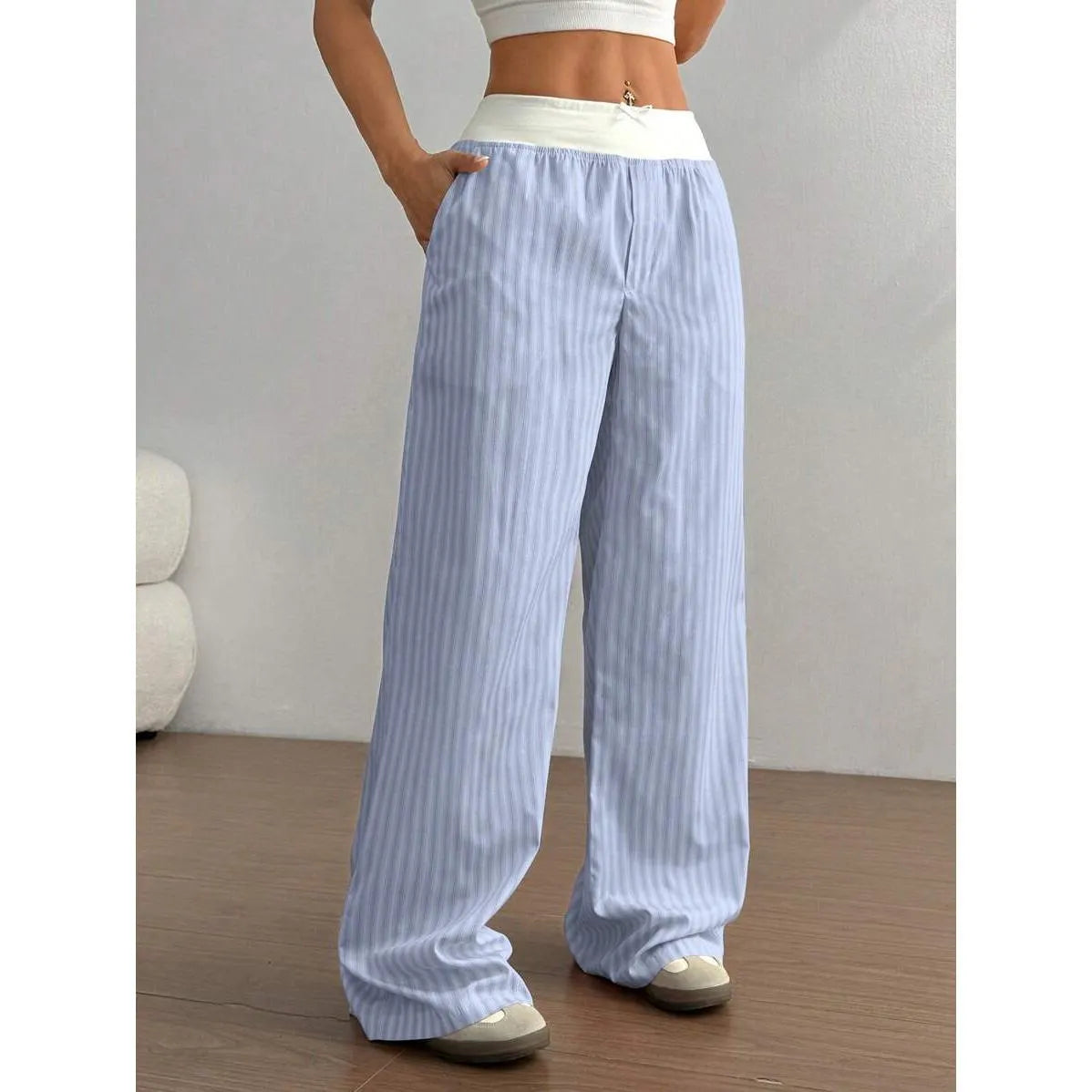 Elastic High Waist Striped Wide Leg Casual Pants