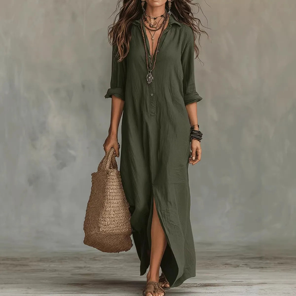 Collared Split Linen Maxi Dress