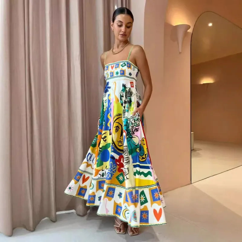 Whimsical Art Print Spaghetti-Strap Maxi Dress