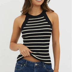 Halter Neck Vertical Stripe Ribbed Knit Crop Tank Top
