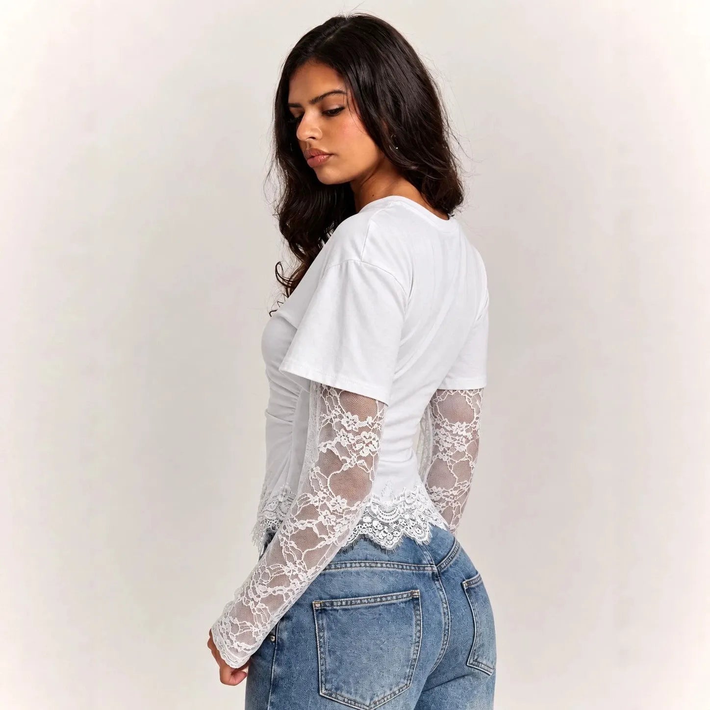 White Ruched T-Shirt with Attached Floral Lace Long Sleeves | Scalloped Lace Hem Mock Layered Crop Top