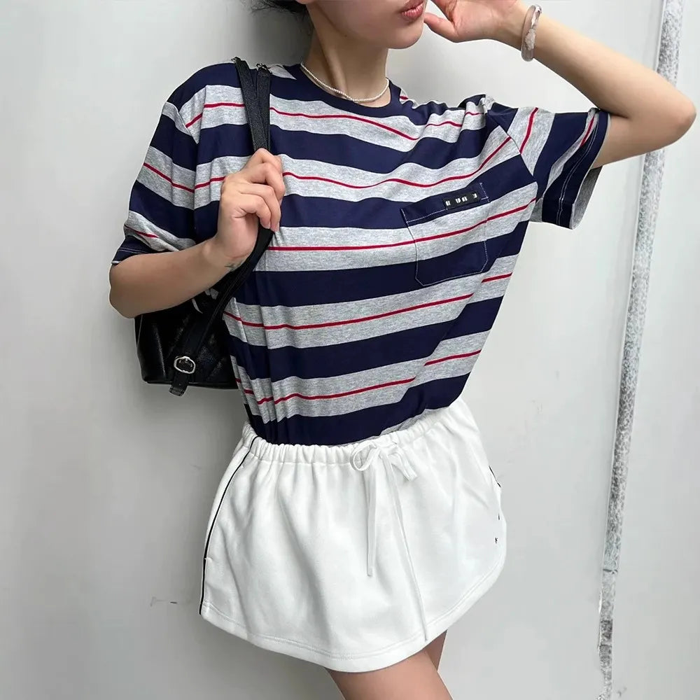 Round Neck Multi-Color Stripe Loose Short Sleeve Cotton T-Shirt