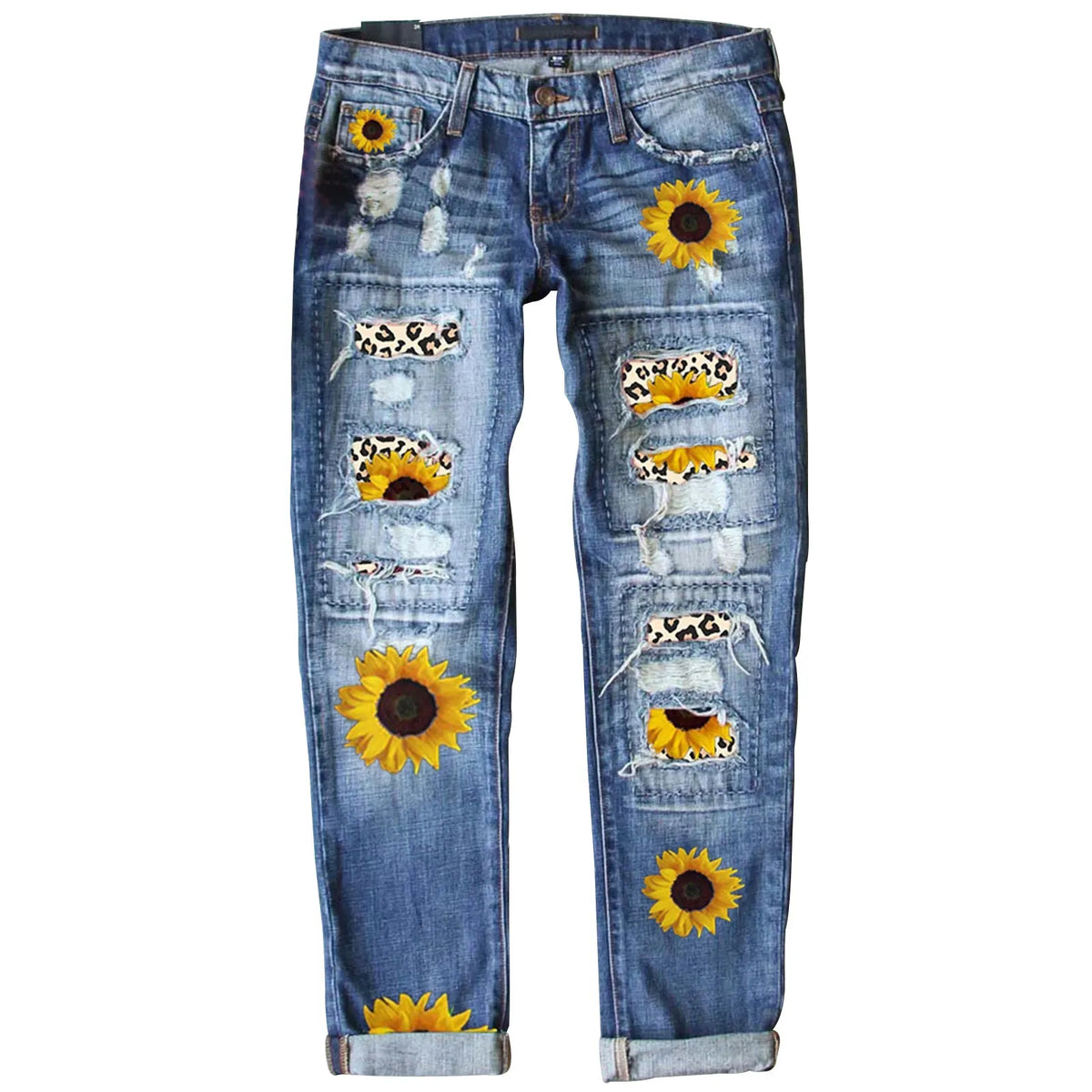 Womne's Sunflower Print Ripped Flare Jeans