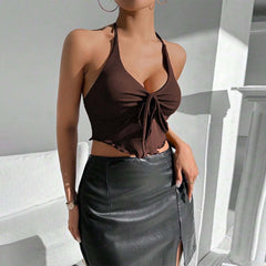 Halter Neck Ribbed Crop Top, Tie-Front Deep V Sleeveless Blouse