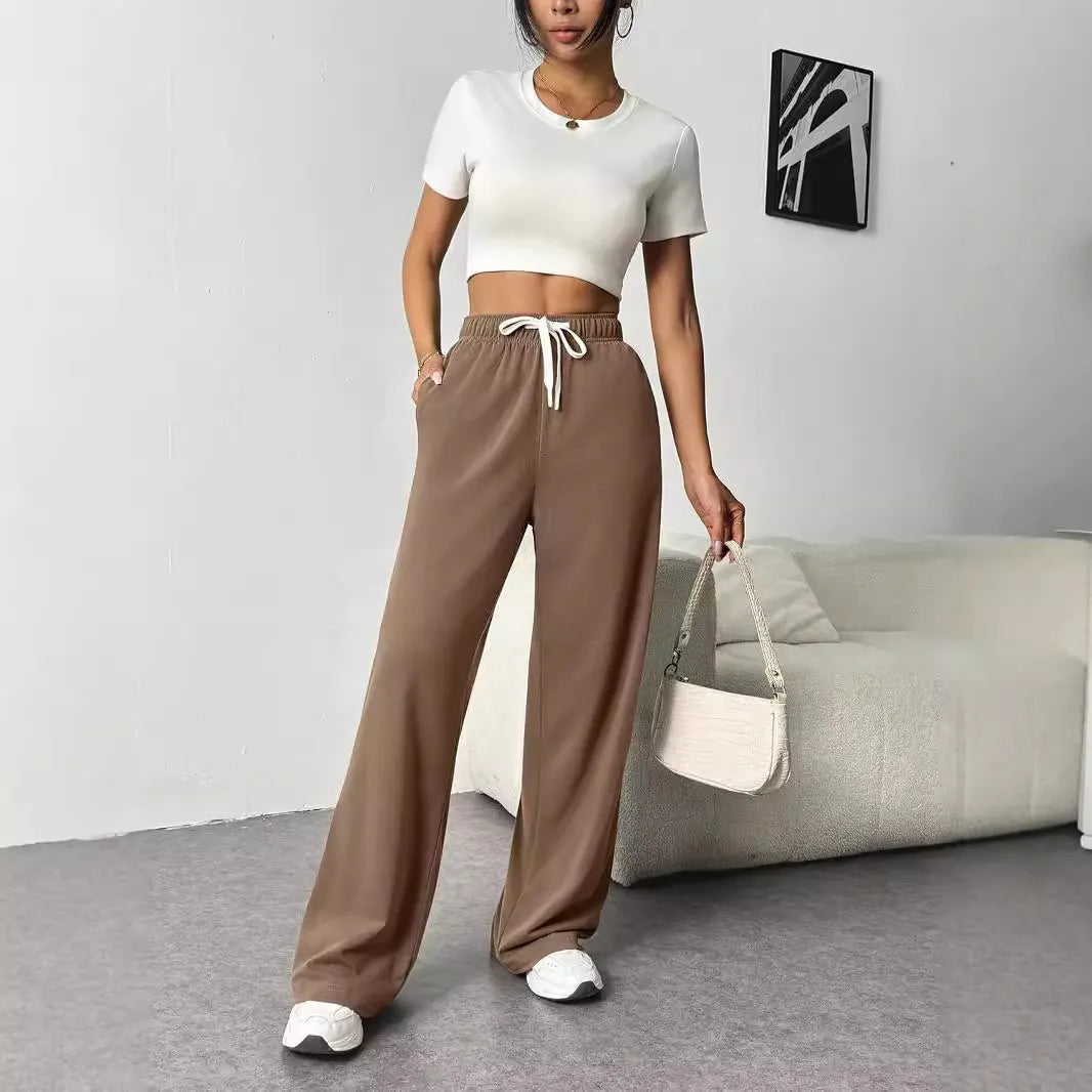 Elastic Drawstring High Waist Solid Wide Leg Sweatpants