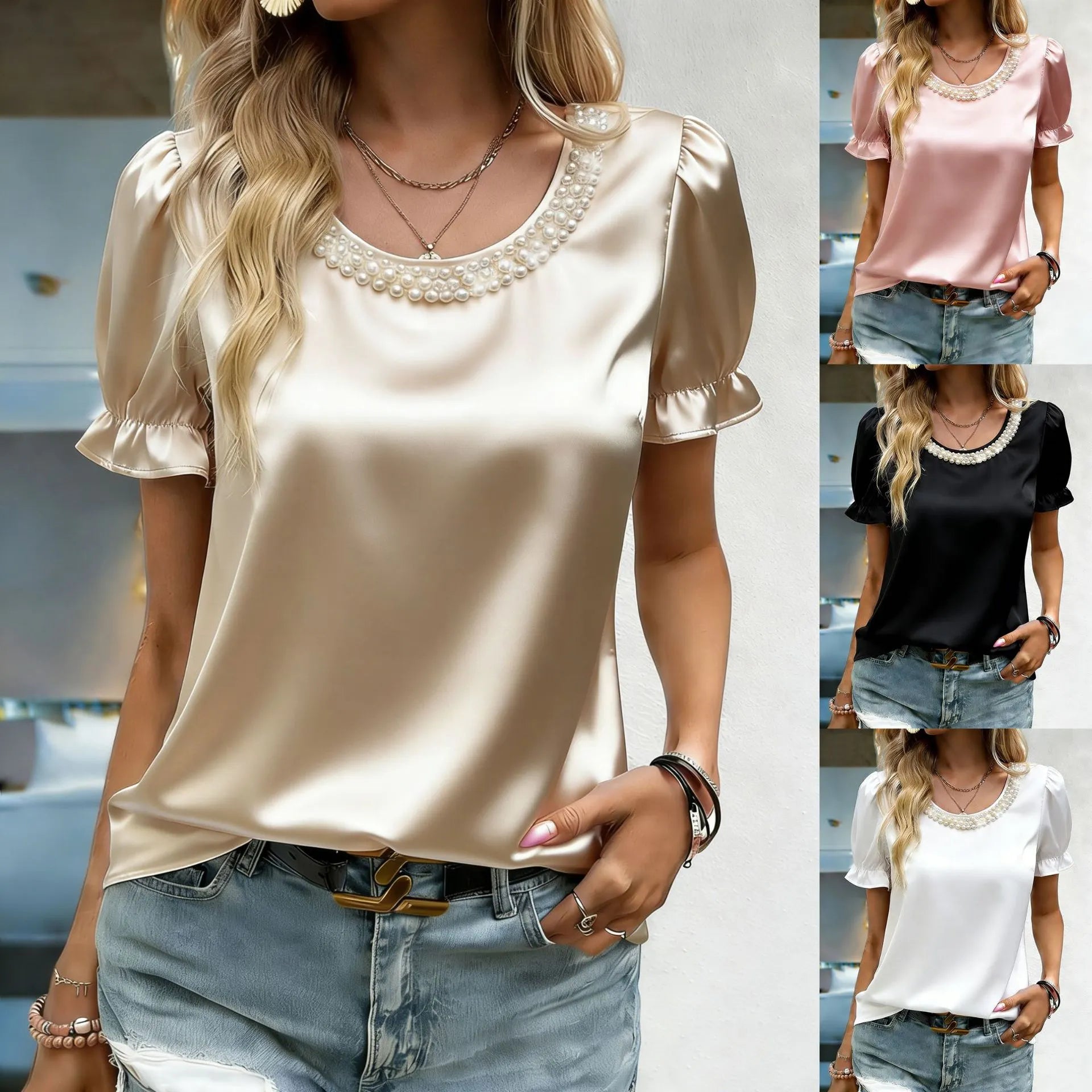 Solid Pearl Neck Puff Short Sleeve Satin Top