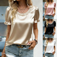 Solid Pearl Neck Puff Short Sleeve Satin Top