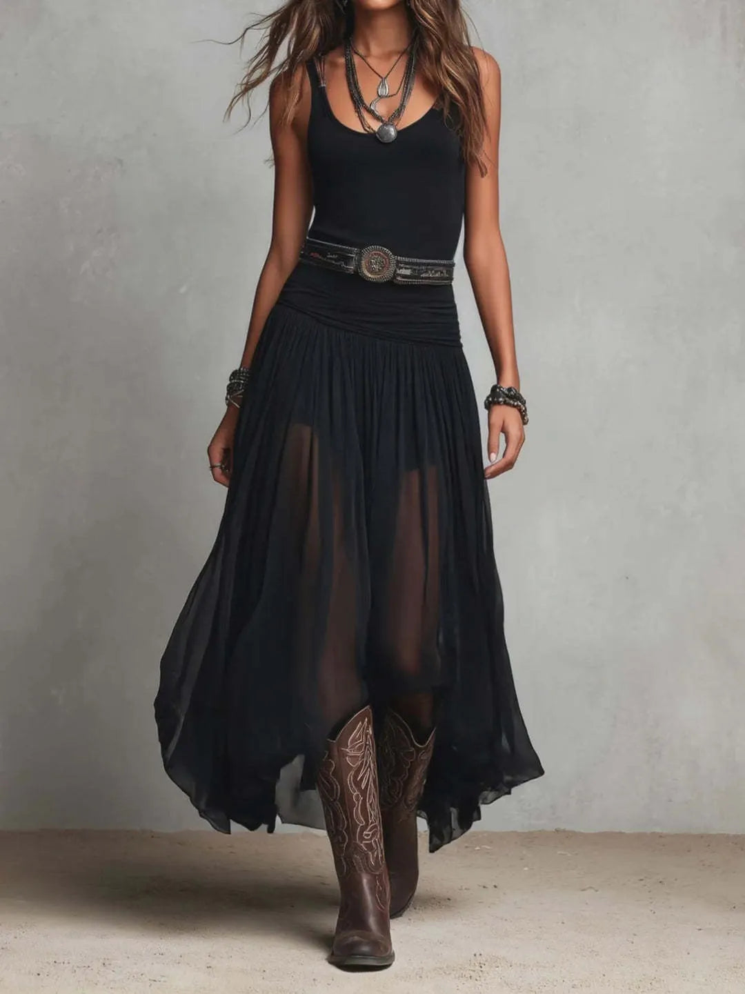 Solid Sleeveless Low Neck Mid Waist Mesh Spliced Irregular A-Line Maxi Dress
