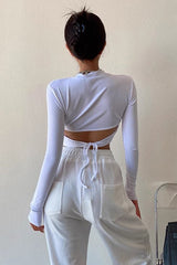 Unique Backless Strappy T-Shirt Long Sleeve Top