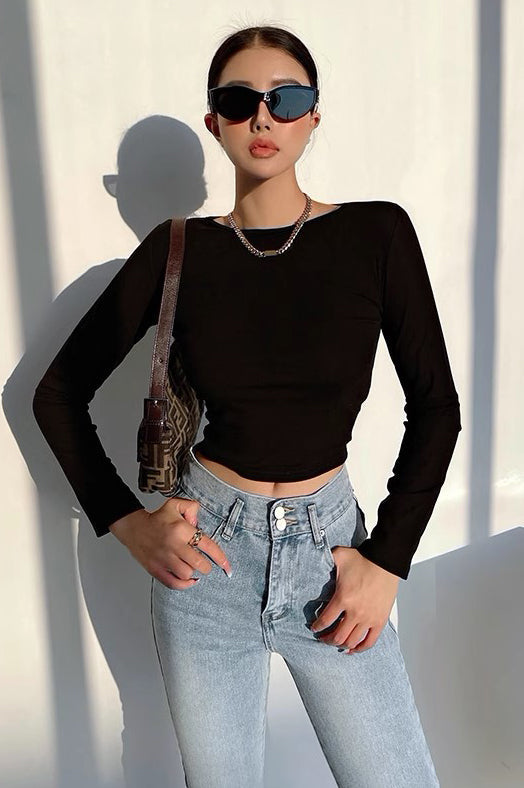 Backless T-Shirt Elastic Tight Slim Round Neck Top