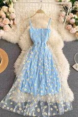 Daisy Flower Print Mesh Dress Two Layers Strap Vacation Midi Dress Beach Vestidos Dress