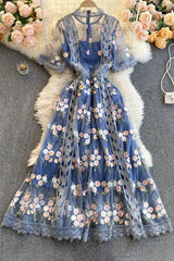 Gauze Embroidery Flower Lace Maxi Dress