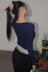 Contrast Long Sleeve Fake Two Slim Fit T-Shirts Tops