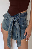 Buckle Detail Asymmetrical Hem Denim Shorts