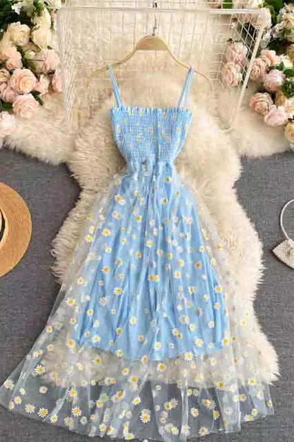 Daisy Flower Print Mesh Dress Two Layers Strap Vacation Midi Dress Beach Vestidos Dress