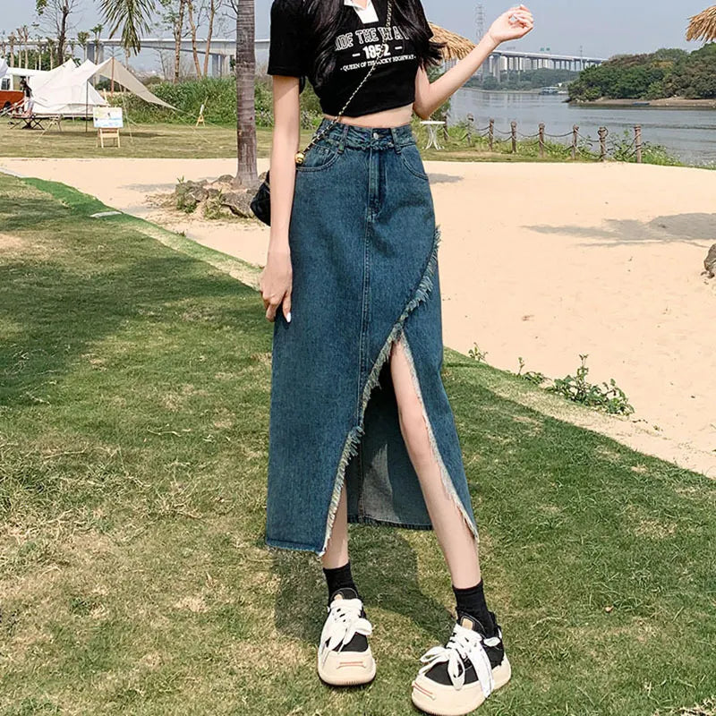 High Waist Split Denim Midi Skirt