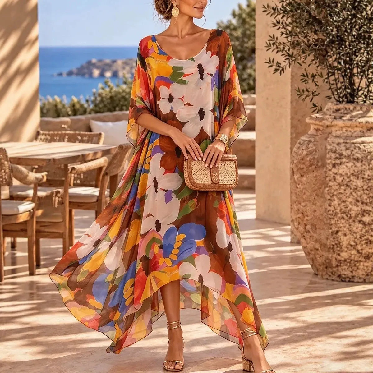 Colorful Floral Print Kaftan Maxi Dress, V-Neck Flowy Batwing Sleeve Beach Dress