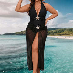 Starfish Detail Halter One-Piece Swimsuit & Sheer Cover-Up Maxi Dress Set