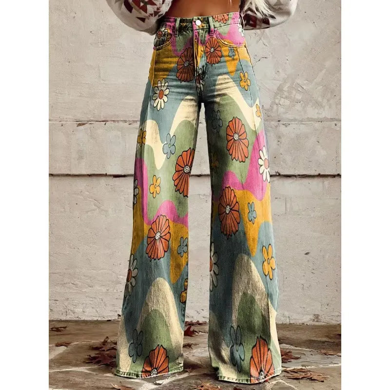 High Waist Western Cowboy Horse Print Wide Leg Pants
