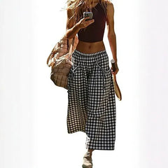 Plaid Drawstring Wide Leg Cropped Pants
