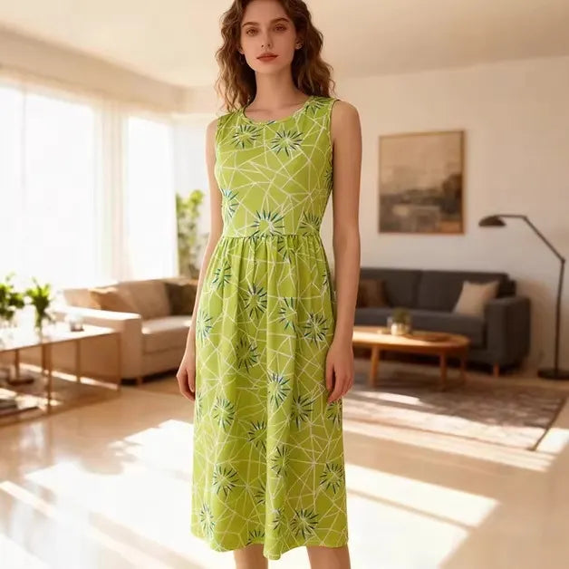 Sleeveless Floral Print Round Neck Midi Dress