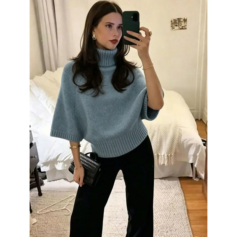 Oversized Chunky Knit Turtleneck Jumper Ladies Drop Shoulder Puff Sleeve Sweater, Long Sleeve / 5 Point Sleeve