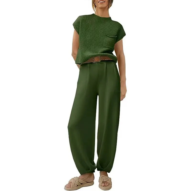 White Knit Short-Sleeve Top & Khaki High-Waisted Pants Two-Piece Set
