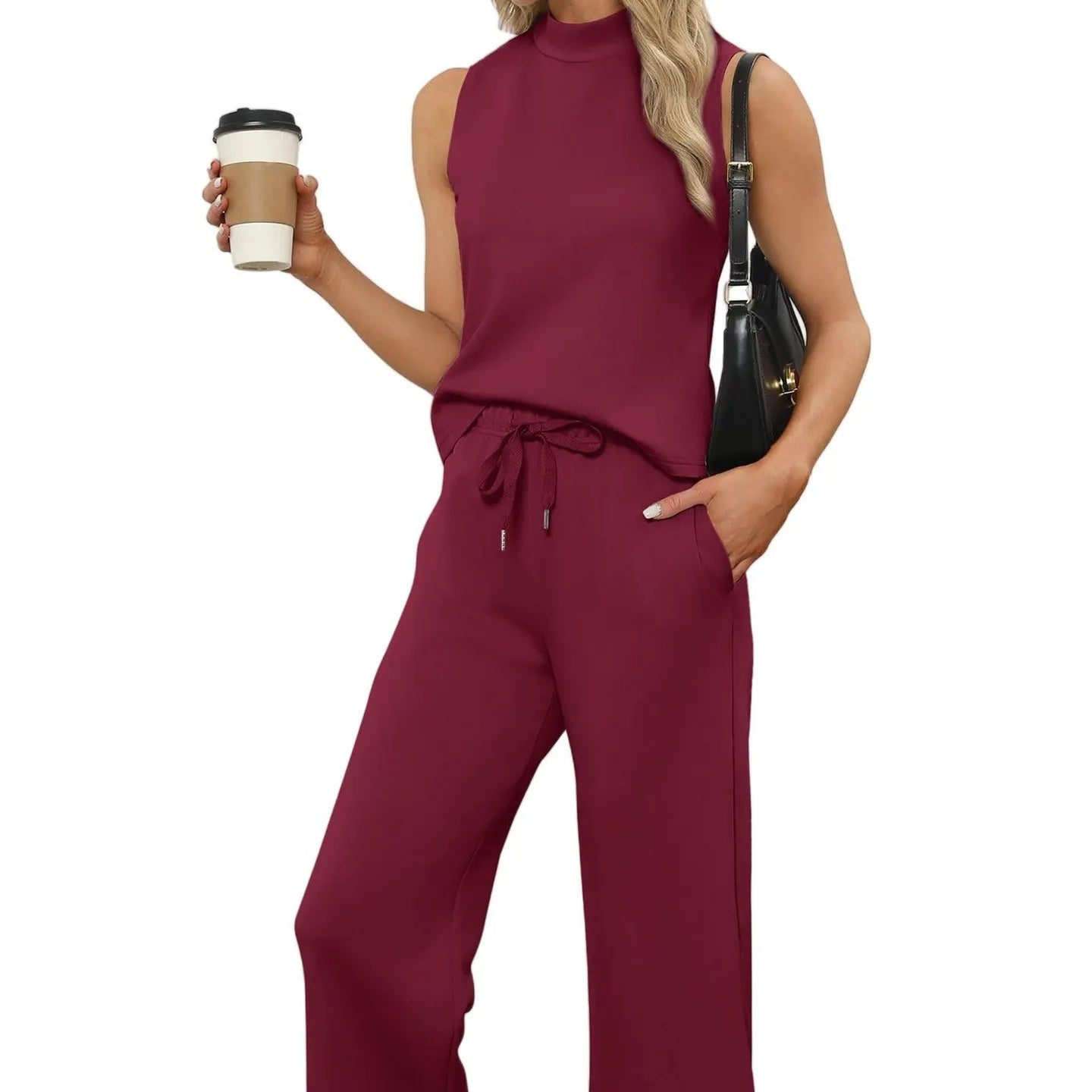 Sleeveless Mock Neck Top & Wide Leg Pants Casual Two-Piece Set